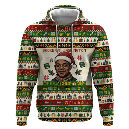 Booker T. Washington Christmas Santa Hoodie Black History Ugly Pixel Pattern