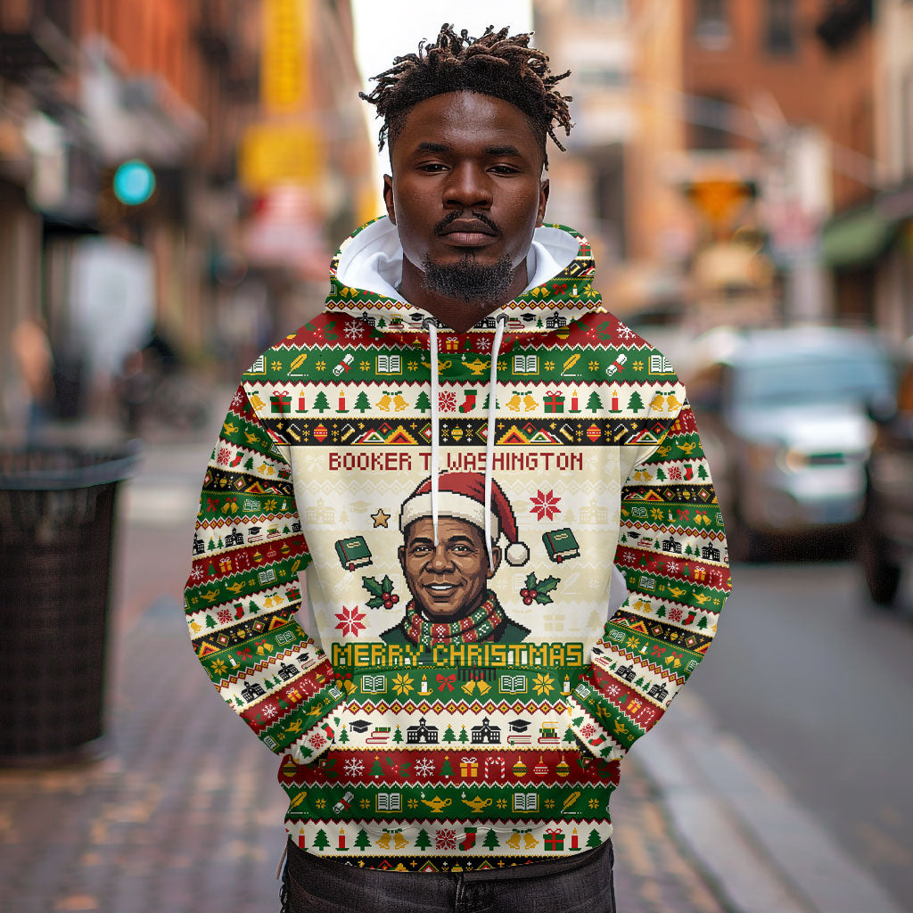 Booker T. Washington Christmas Santa Hoodie Black History Ugly Pixel Pattern