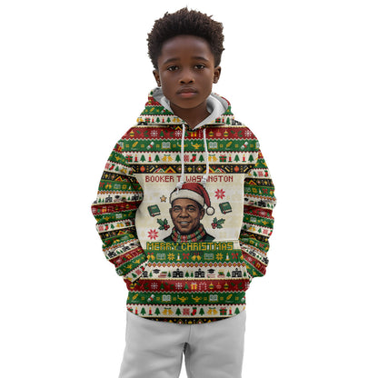 Booker T. Washington Christmas Santa Kid Hoodie Black History Ugly Pixel Pattern