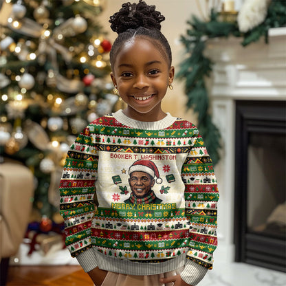 Booker T. Washington Christmas Santa Kid Ugly Christmas Sweater Black History Ugly Pixel Pattern