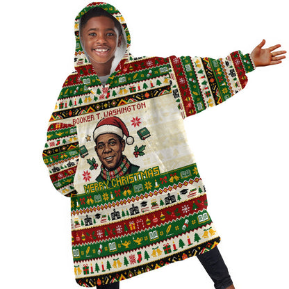 Booker T. Washington Christmas Santa Kid Wearable Blanket Hoodie Black History Ugly Pixel Pattern