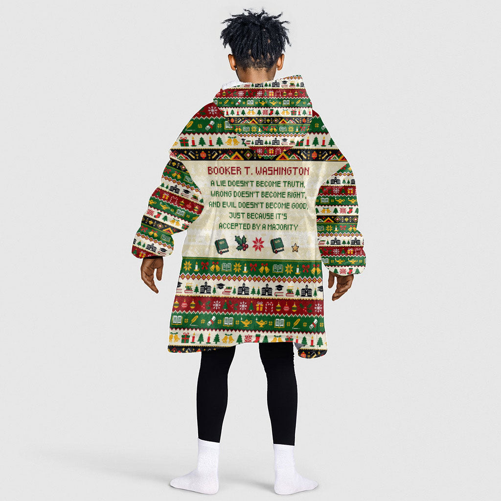 Booker T. Washington Christmas Santa Kid Wearable Blanket Hoodie Black History Ugly Pixel Pattern