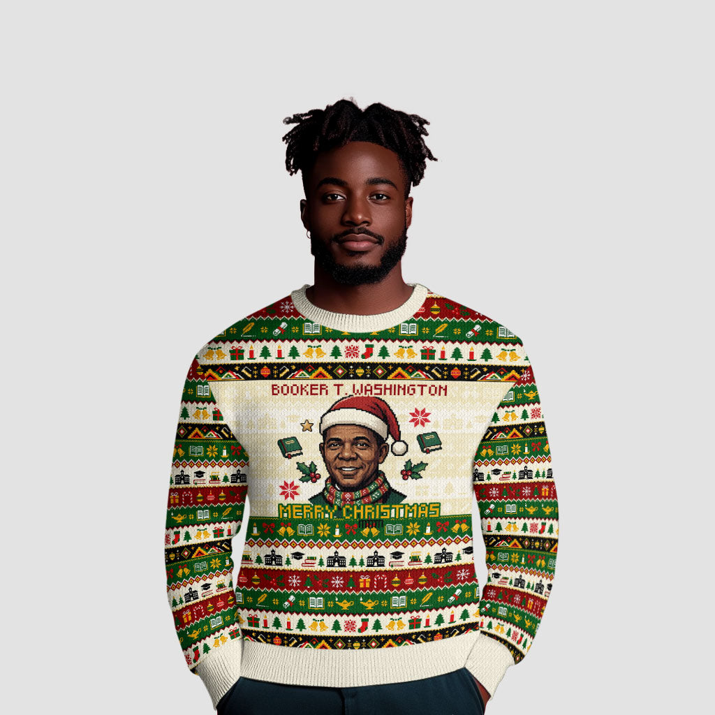 Booker T. Washington Christmas Santa Ugly Christmas Sweater Black History Ugly Pixel Pattern