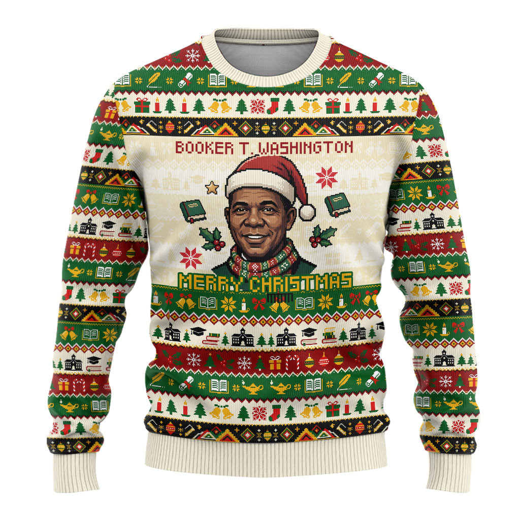 Booker T. Washington Christmas Santa Ugly Christmas Sweater Black History Ugly Pixel Pattern