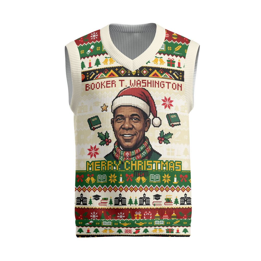 Booker T. Washington Christmas Santa Christmas Knitted V-Neck Vest Black History Ugly Pixel Pattern