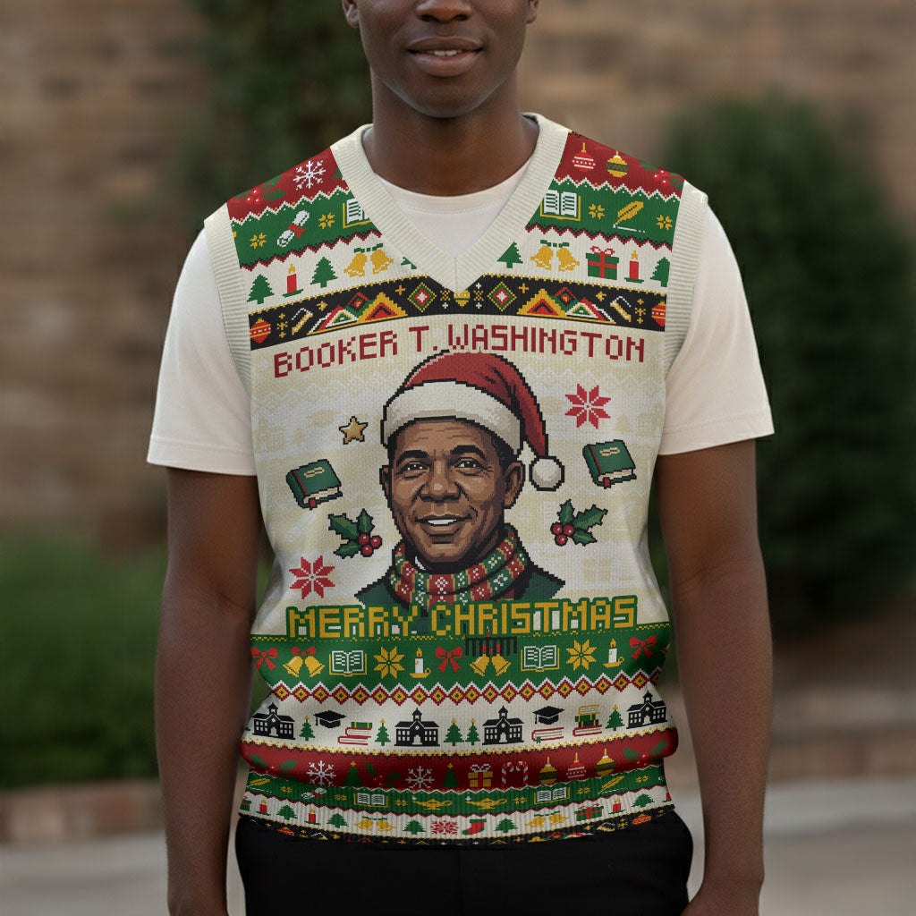 Booker T. Washington Christmas Santa Christmas Knitted V-Neck Vest Black History Ugly Pixel Pattern