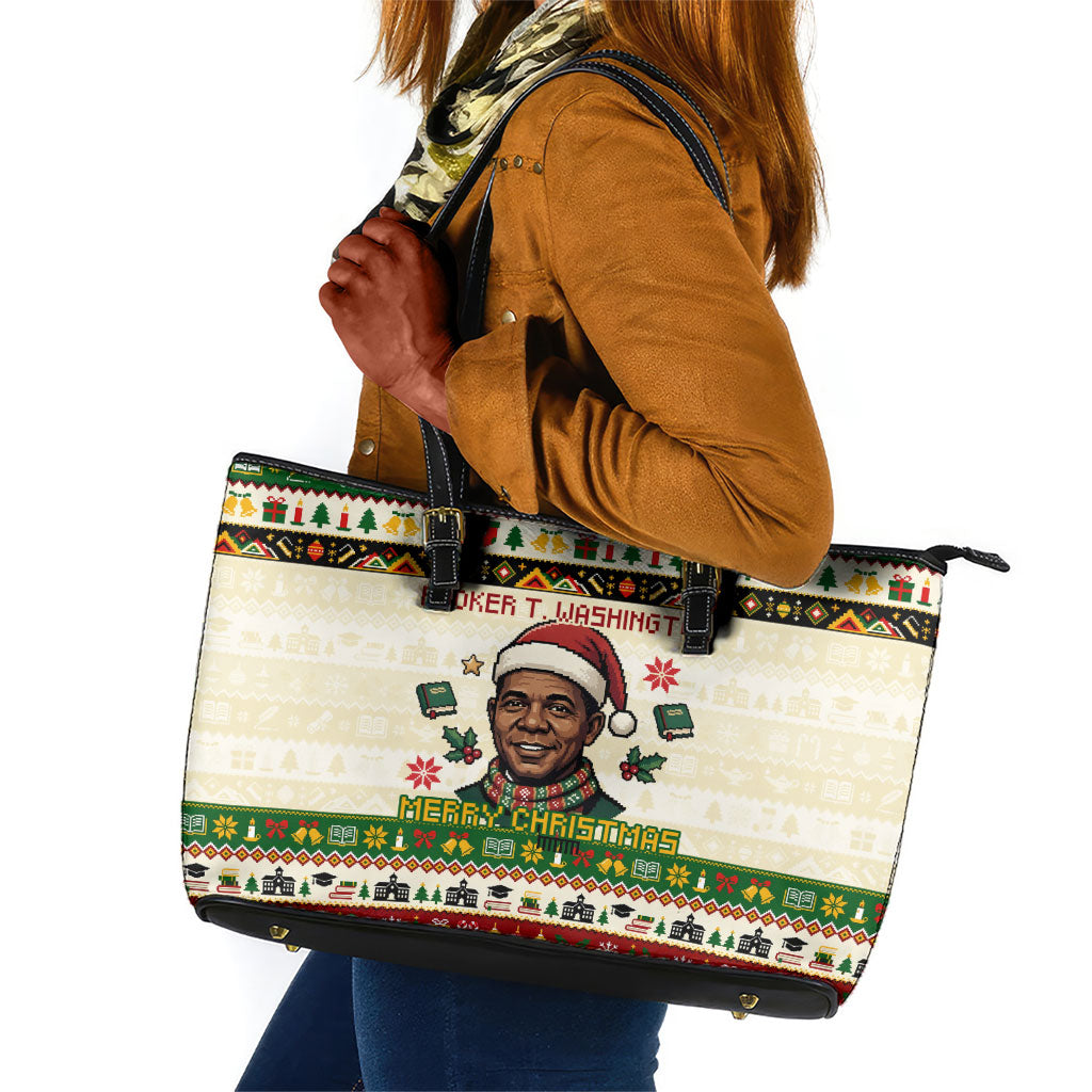 Booker T. Washington Christmas Santa Leather Tote Bag Black History Ugly Pixel Pattern