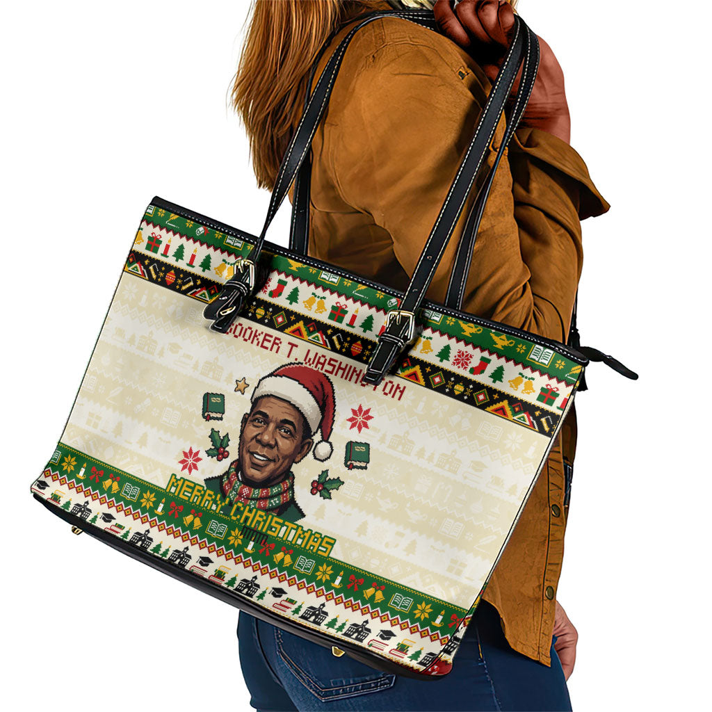 Booker T. Washington Christmas Santa Leather Tote Bag Black History Ugly Pixel Pattern