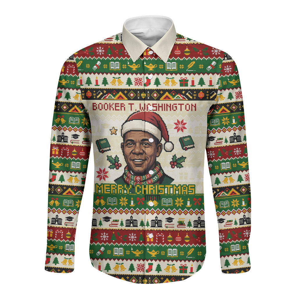 Booker T. Washington Christmas Santa Long Sleeve Button Shirt Black History Ugly Pixel Pattern