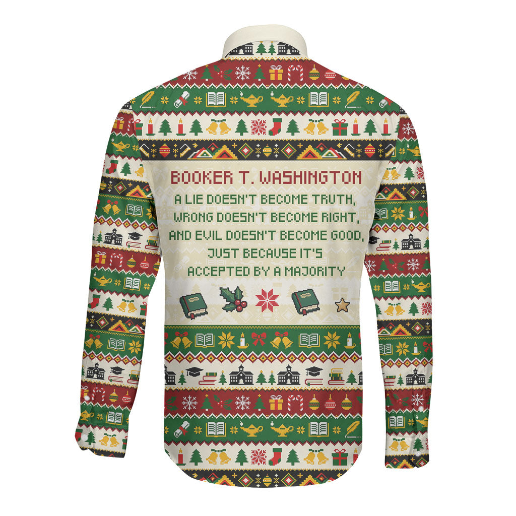 Booker T. Washington Christmas Santa Long Sleeve Button Shirt Black History Ugly Pixel Pattern