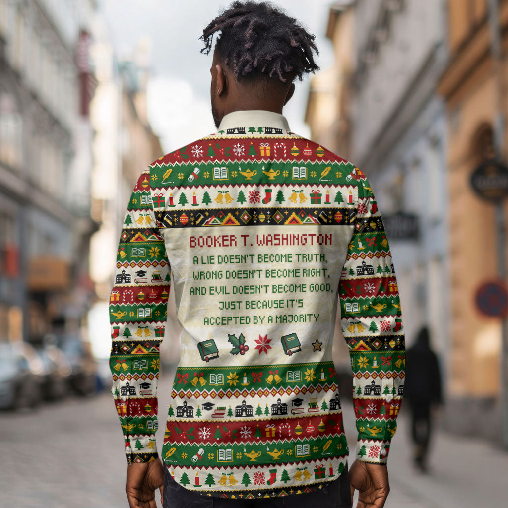 Booker T. Washington Christmas Santa Long Sleeve Button Shirt Black History Ugly Pixel Pattern
