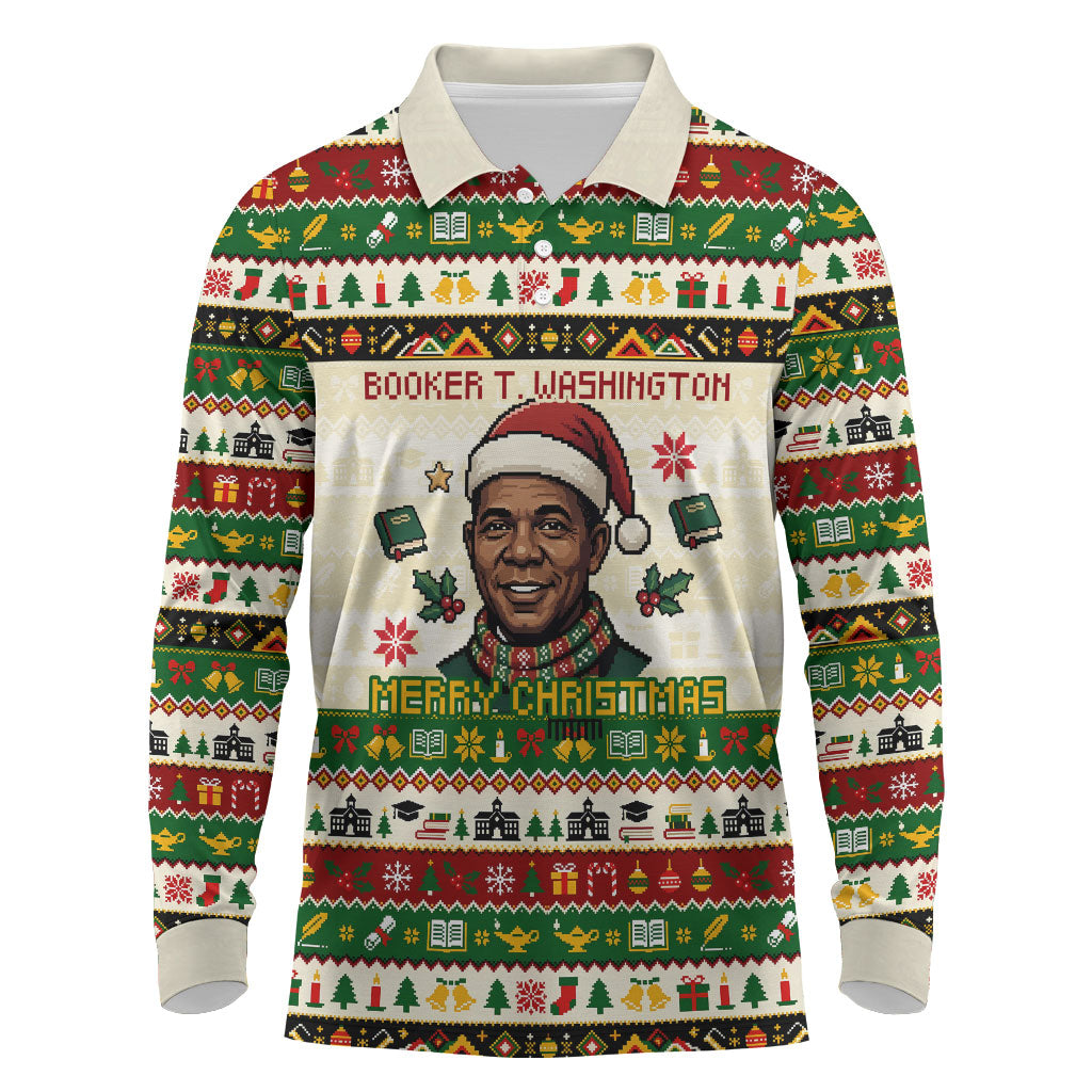 Booker T. Washington Christmas Santa Long Sleeve Polo Shirt Black History Ugly Pixel Pattern