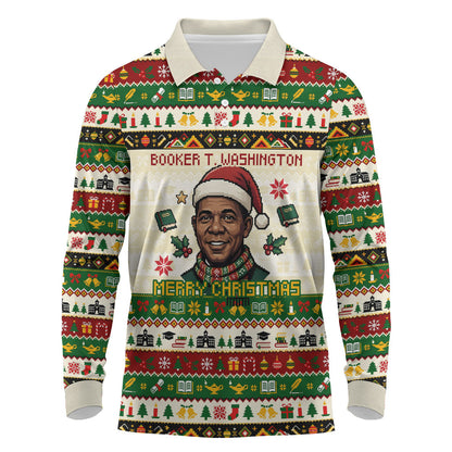 Booker T. Washington Christmas Santa Long Sleeve Polo Shirt Black History Ugly Pixel Pattern