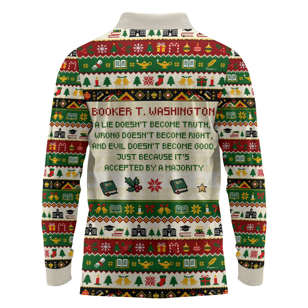 Booker T. Washington Christmas Santa Long Sleeve Polo Shirt Black History Ugly Pixel Pattern