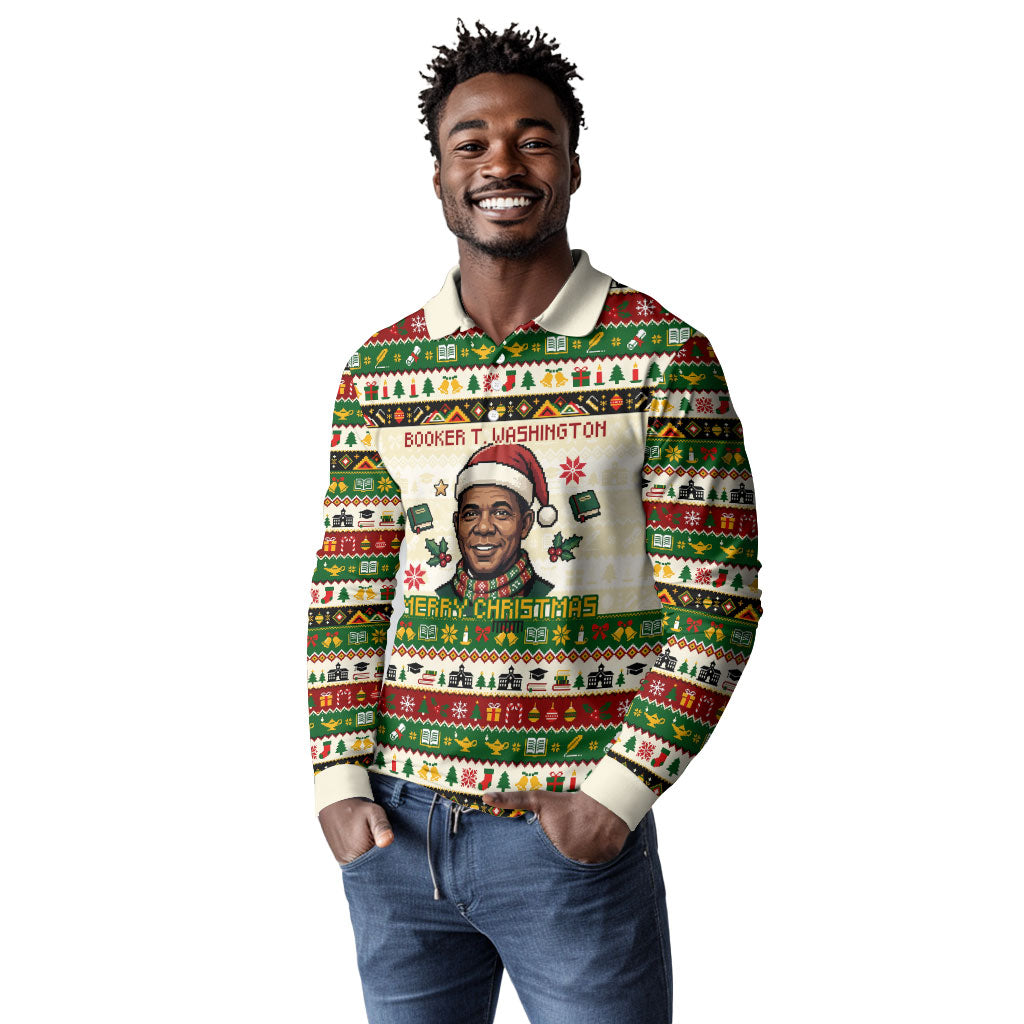 Booker T. Washington Christmas Santa Long Sleeve Polo Shirt Black History Ugly Pixel Pattern