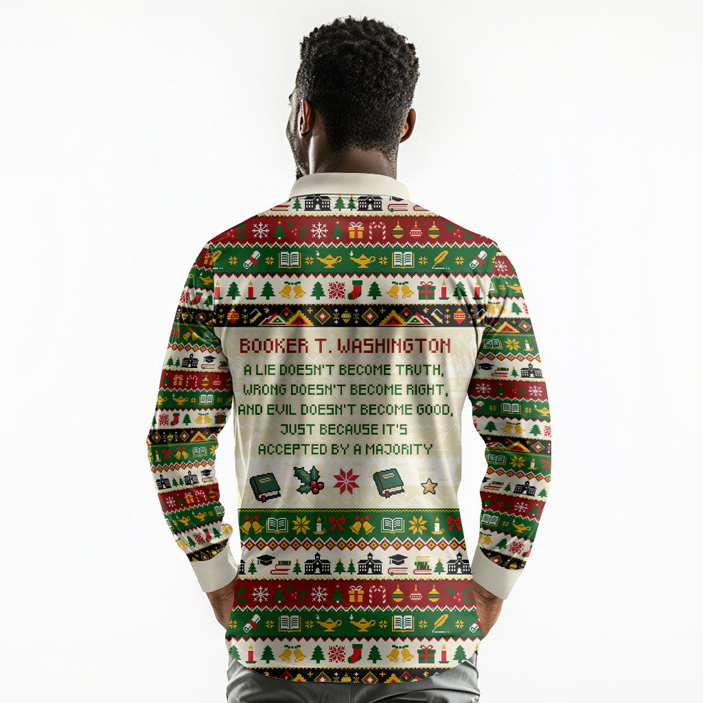 Booker T. Washington Christmas Santa Long Sleeve Polo Shirt Black History Ugly Pixel Pattern
