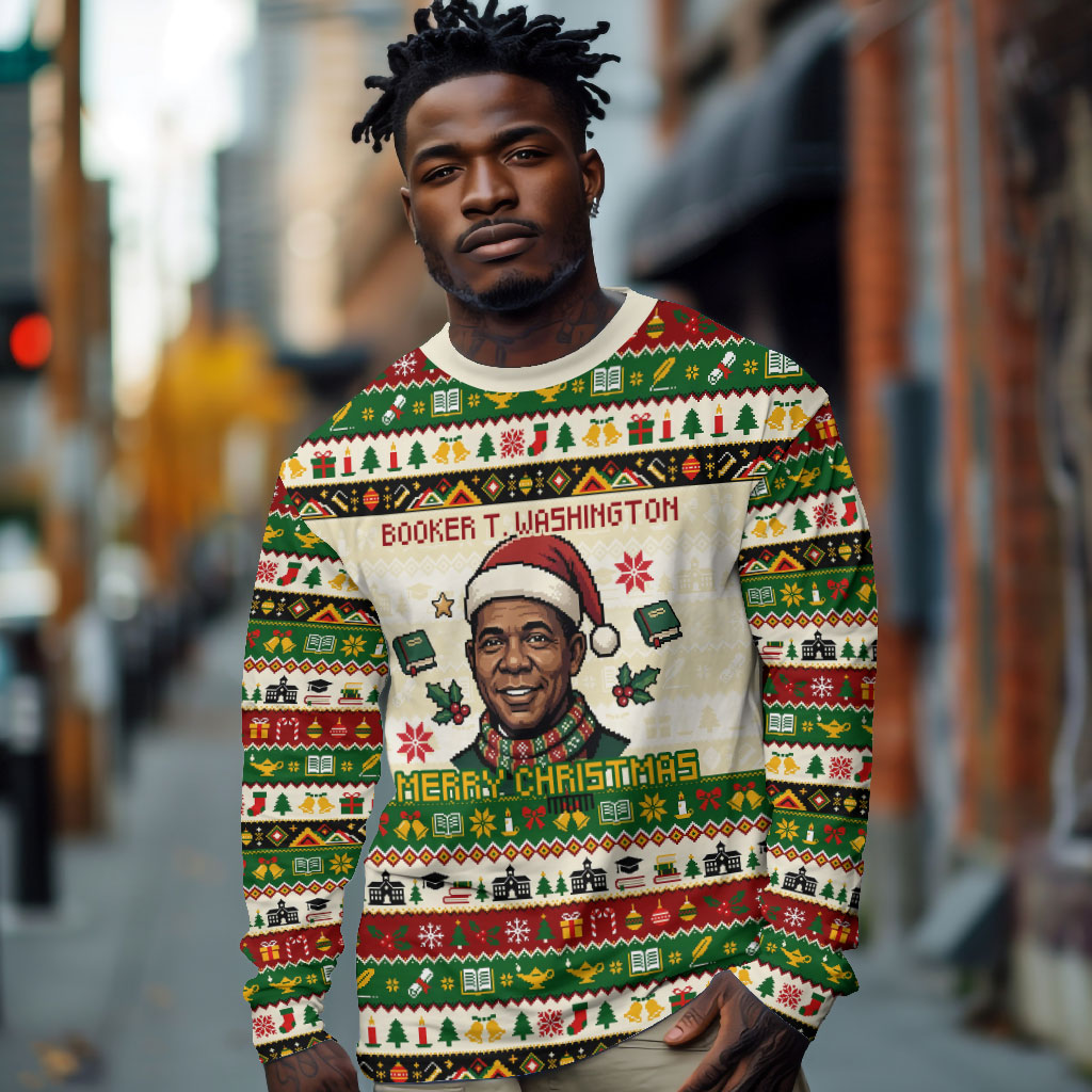 Booker T. Washington Christmas Santa Long Sleeve Shirt Black History Ugly Pixel Pattern