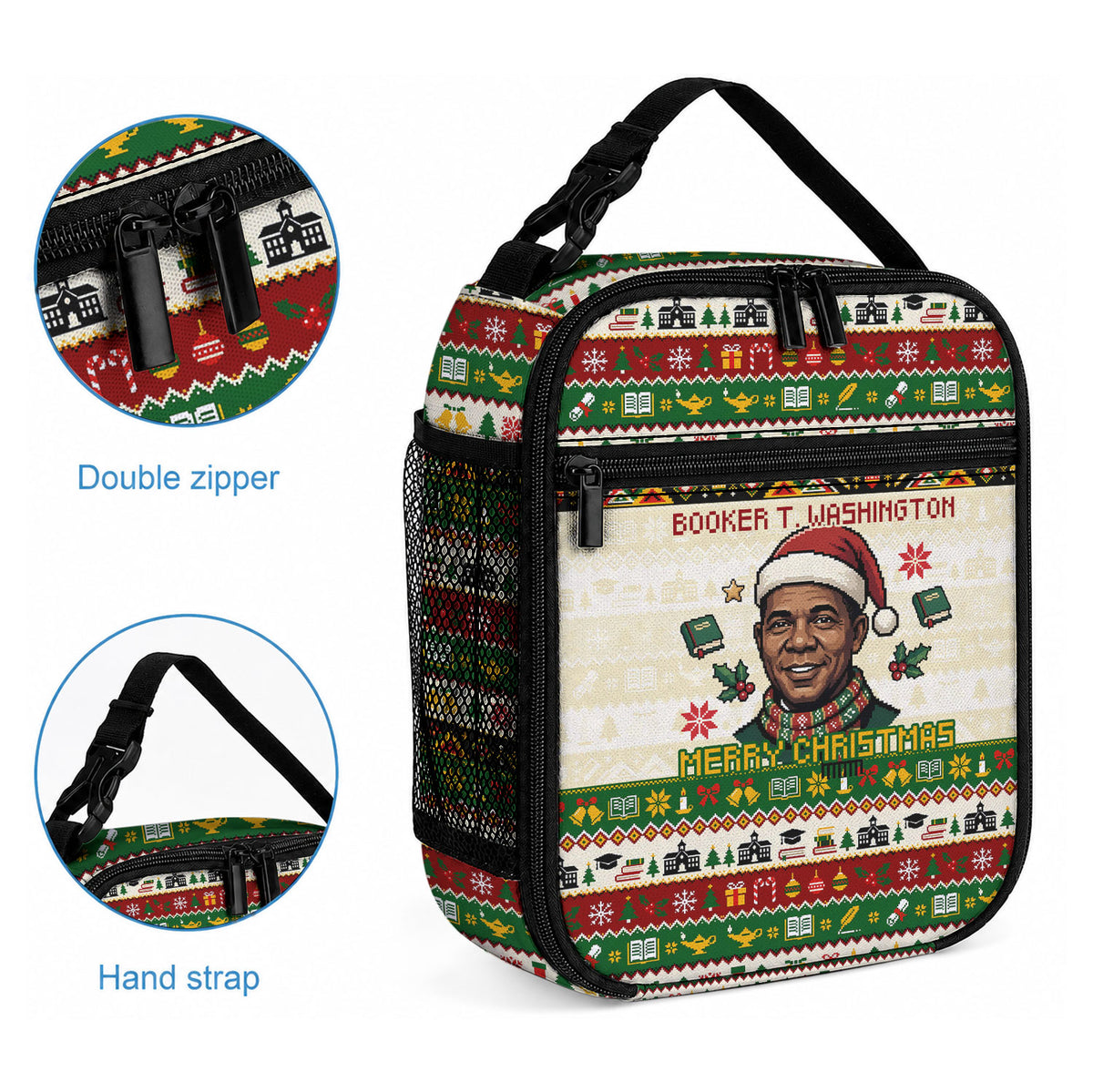 Booker T. Washington Christmas Santa Lunch Bag Black History Ugly Pixel Pattern