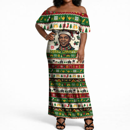 Booker T. Washington Christmas Santa Off Shoulder Maxi Dress Black History Ugly Pixel Pattern