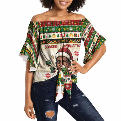 Booker T. Washington Christmas Santa Off Shoulder Wrap Waist Top Black History Ugly Pixel Pattern