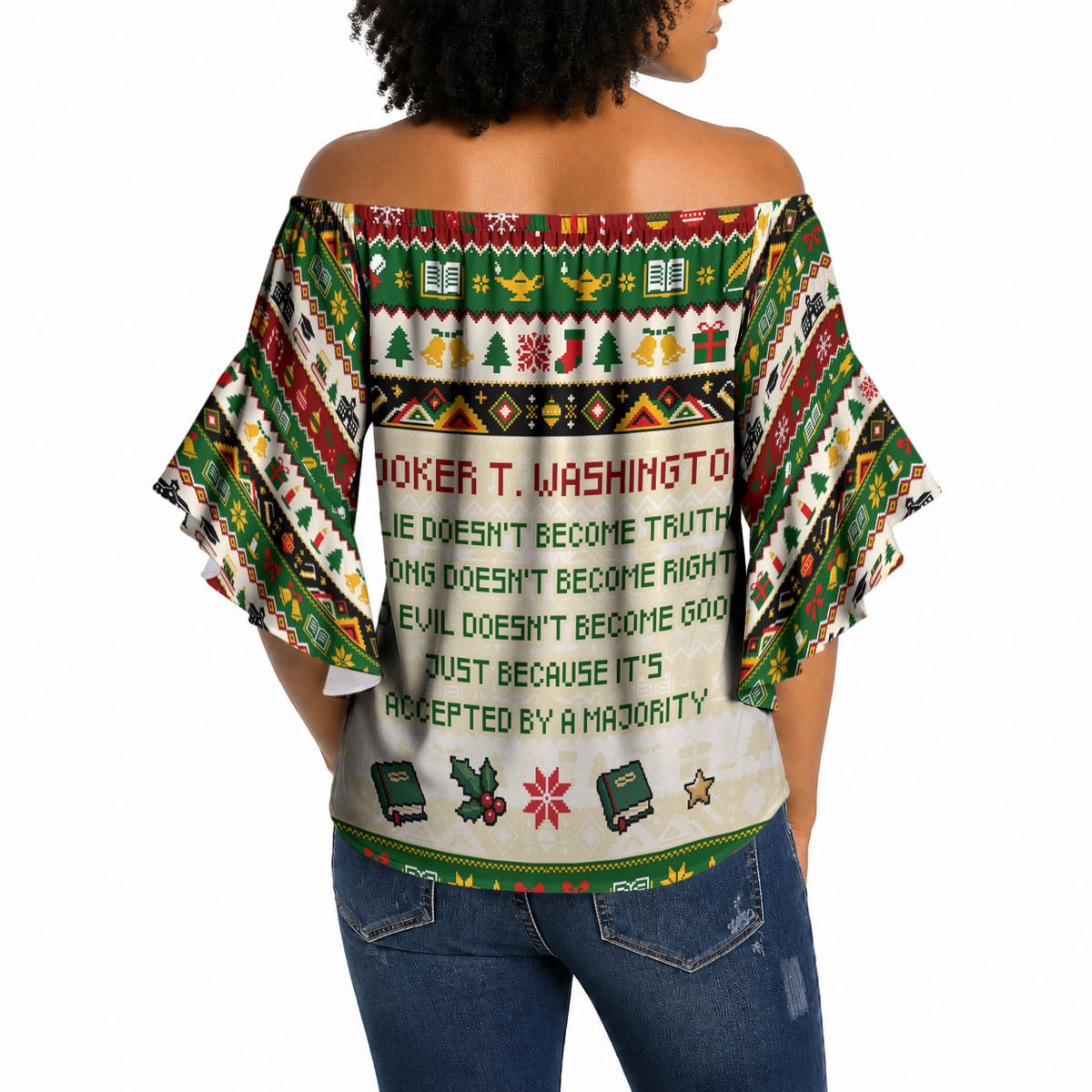 Booker T. Washington Christmas Santa Off Shoulder Wrap Waist Top Black History Ugly Pixel Pattern