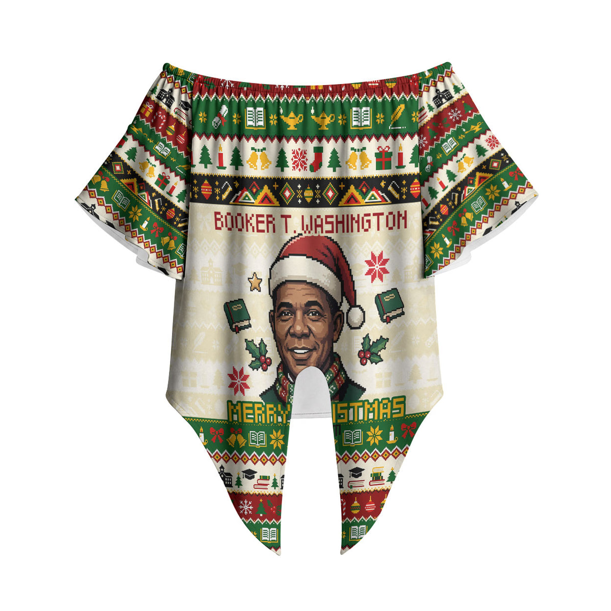 Booker T. Washington Christmas Santa Off Shoulder Wrap Waist Top Black History Ugly Pixel Pattern