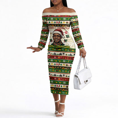 Booker T. Washington Christmas Santa Off The Shoulder Long Sleeve Dress Black History Ugly Pixel Pattern