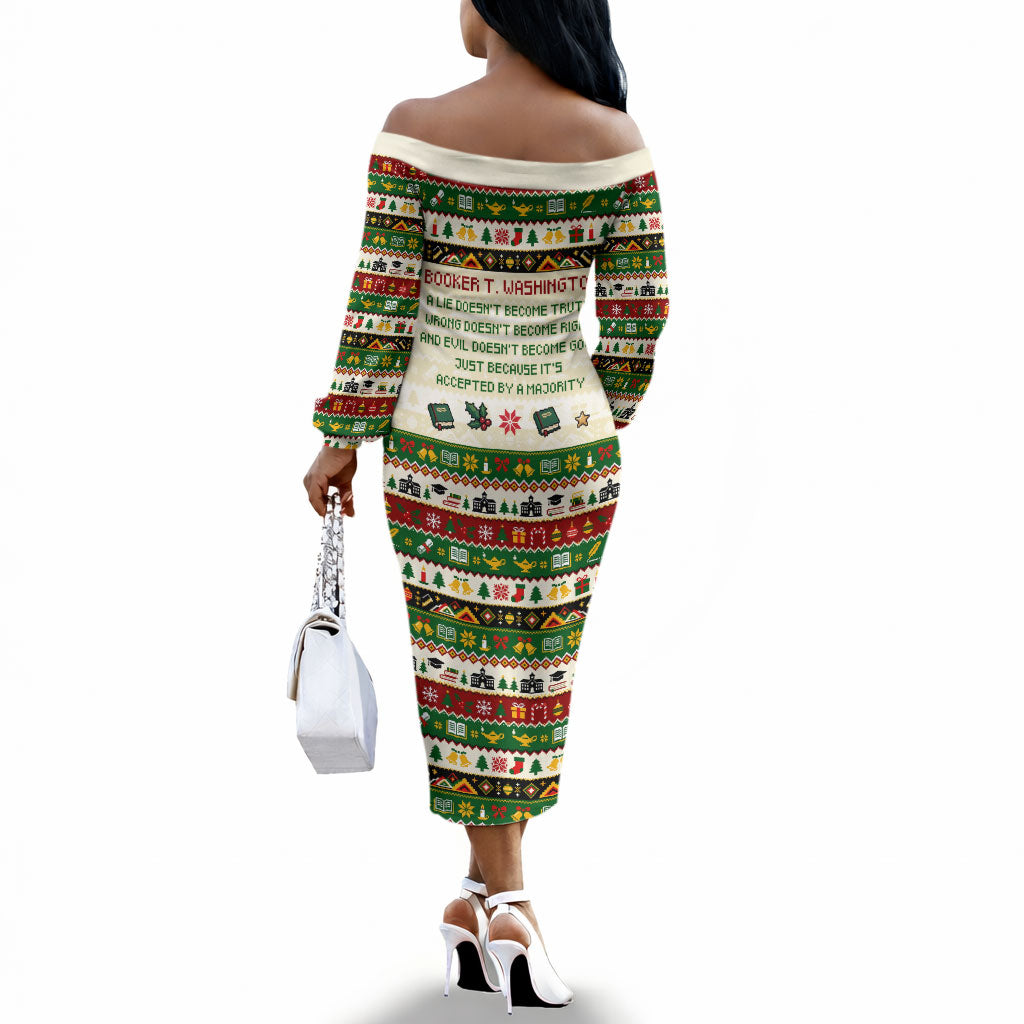 Booker T. Washington Christmas Santa Off The Shoulder Long Sleeve Dress Black History Ugly Pixel Pattern
