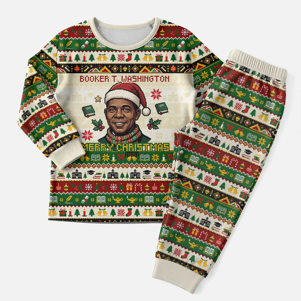 Booker T. Washington Christmas Santa Christmas Pajama Set Black History Ugly Pixel Pattern