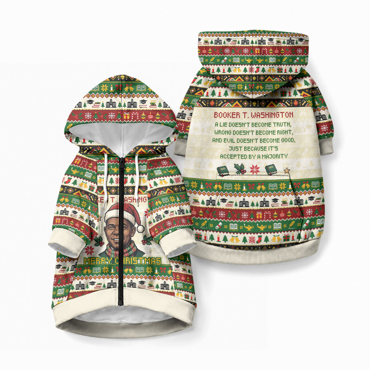 Booker T. Washington Christmas Santa Pet Hoodie Black History Ugly Pixel Pattern