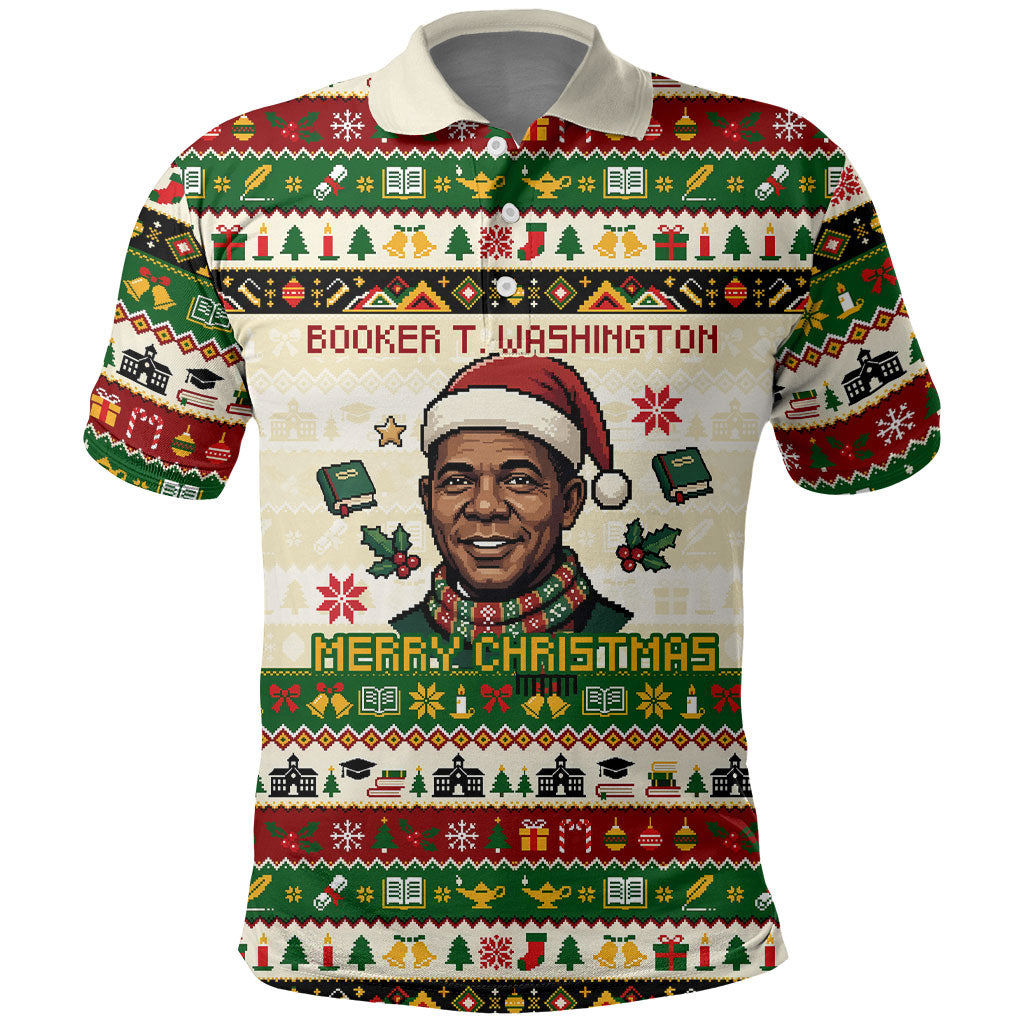 Booker T. Washington Christmas Santa Polo Shirt Black History Ugly Pixel Pattern