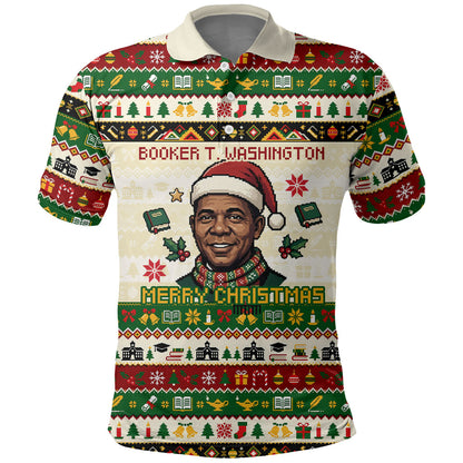 Booker T. Washington Christmas Santa Polo Shirt Black History Ugly Pixel Pattern