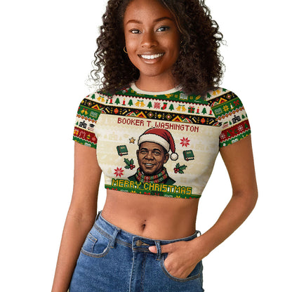 Booker T. Washington Christmas Santa Raglan Cropped T shirt Black History Ugly Pixel Pattern