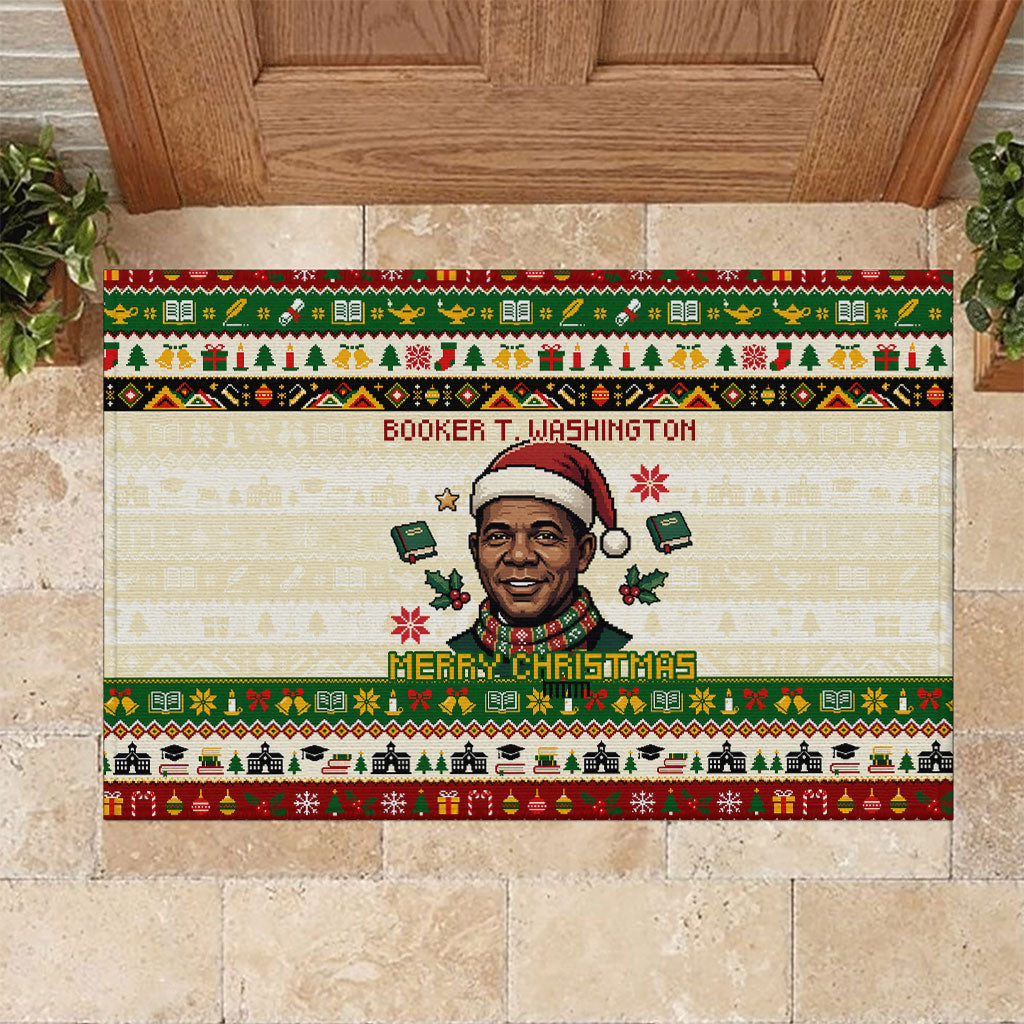 Booker T. Washington Christmas Santa Rubber Doormat Black History Ugly Pixel Pattern