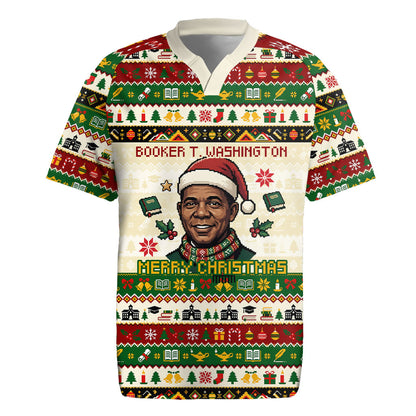 Booker T. Washington Christmas Santa Rugby Jersey Black History Ugly Pixel Pattern