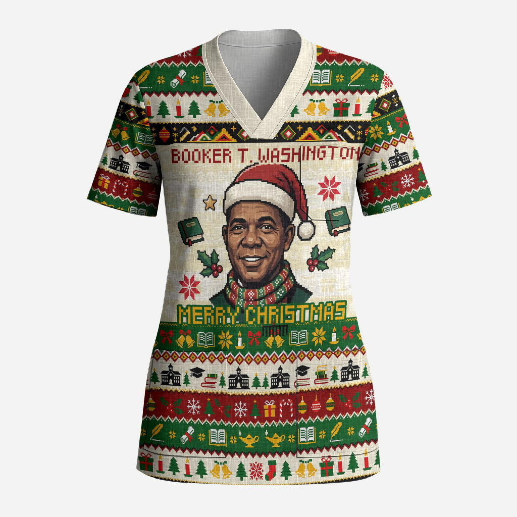 Booker T. Washington Christmas Santa Scrub Top Black History Ugly Pixel Pattern