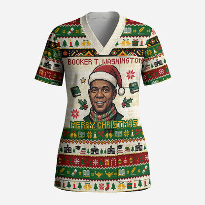 Booker T. Washington Christmas Santa Scrub Top Black History Ugly Pixel Pattern