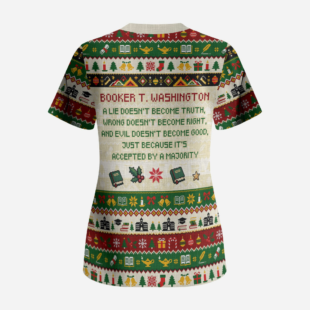 Booker T. Washington Christmas Santa Scrub Top Black History Ugly Pixel Pattern