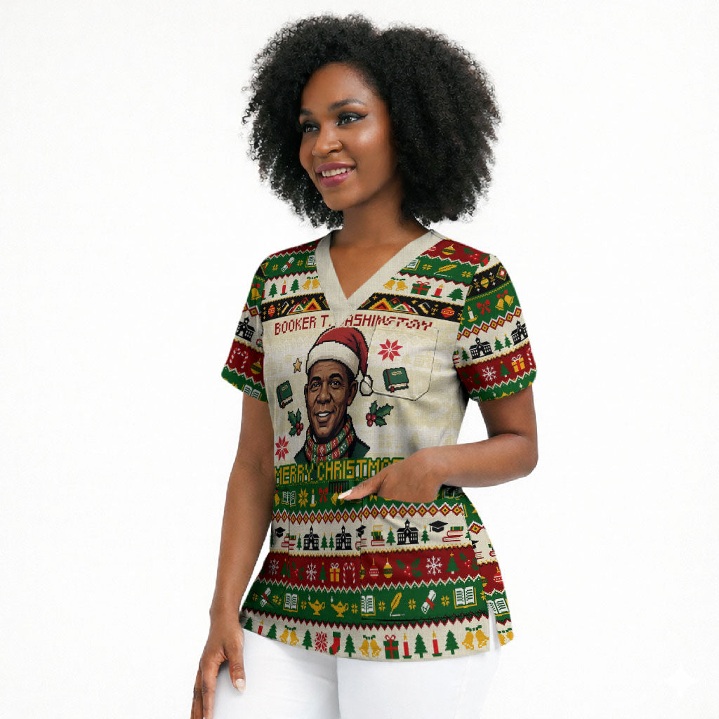Booker T. Washington Christmas Santa Scrub Top Black History Ugly Pixel Pattern
