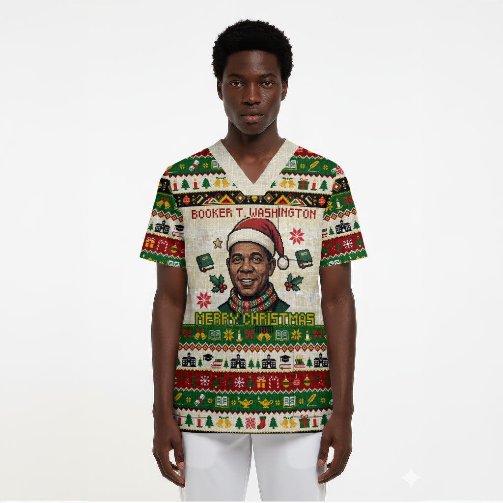 Booker T. Washington Christmas Santa Scrub Top Black History Ugly Pixel Pattern
