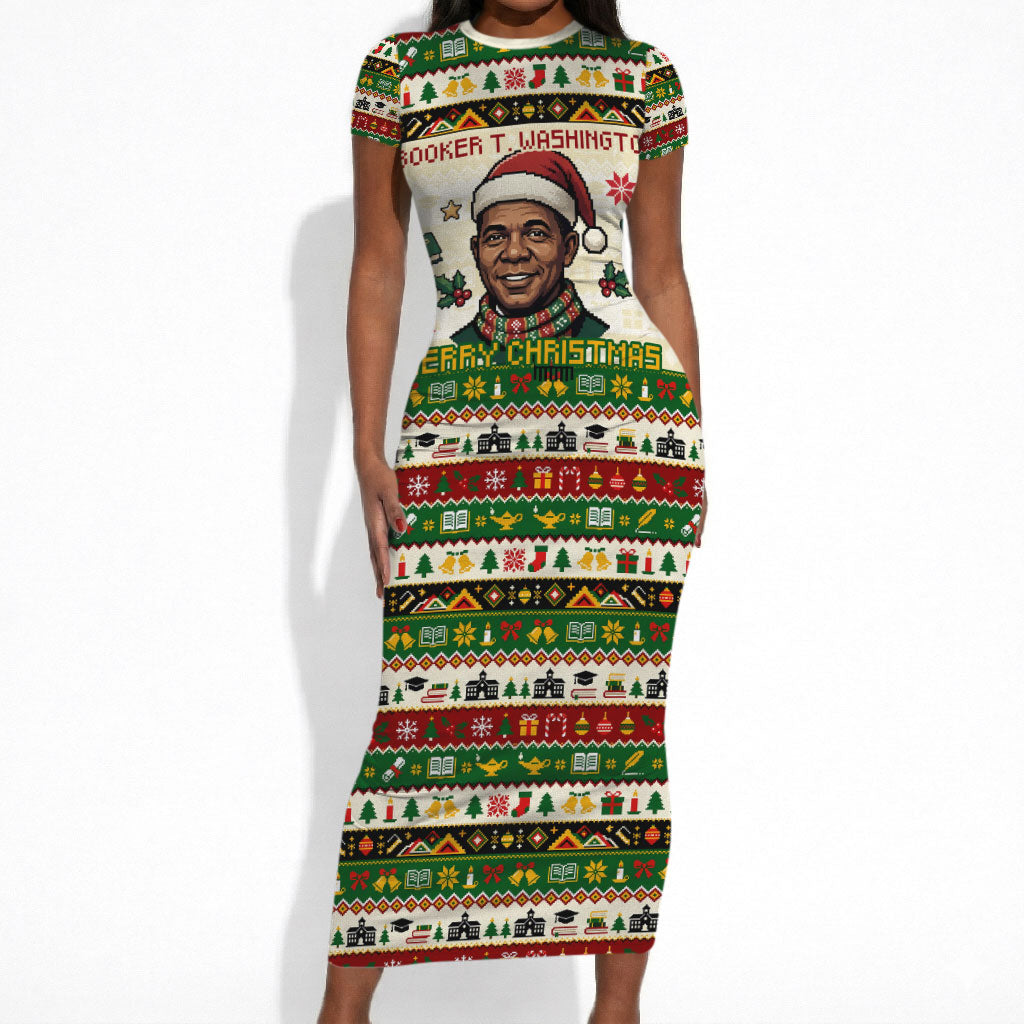 Booker T. Washington Christmas Santa Short Sleeve Bodycon Dress Black History Ugly Pixel Pattern