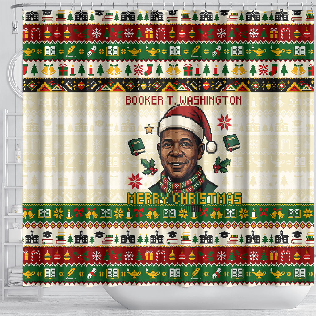 Booker T. Washington Christmas Santa Shower Curtain Black History Ugly Pixel Pattern