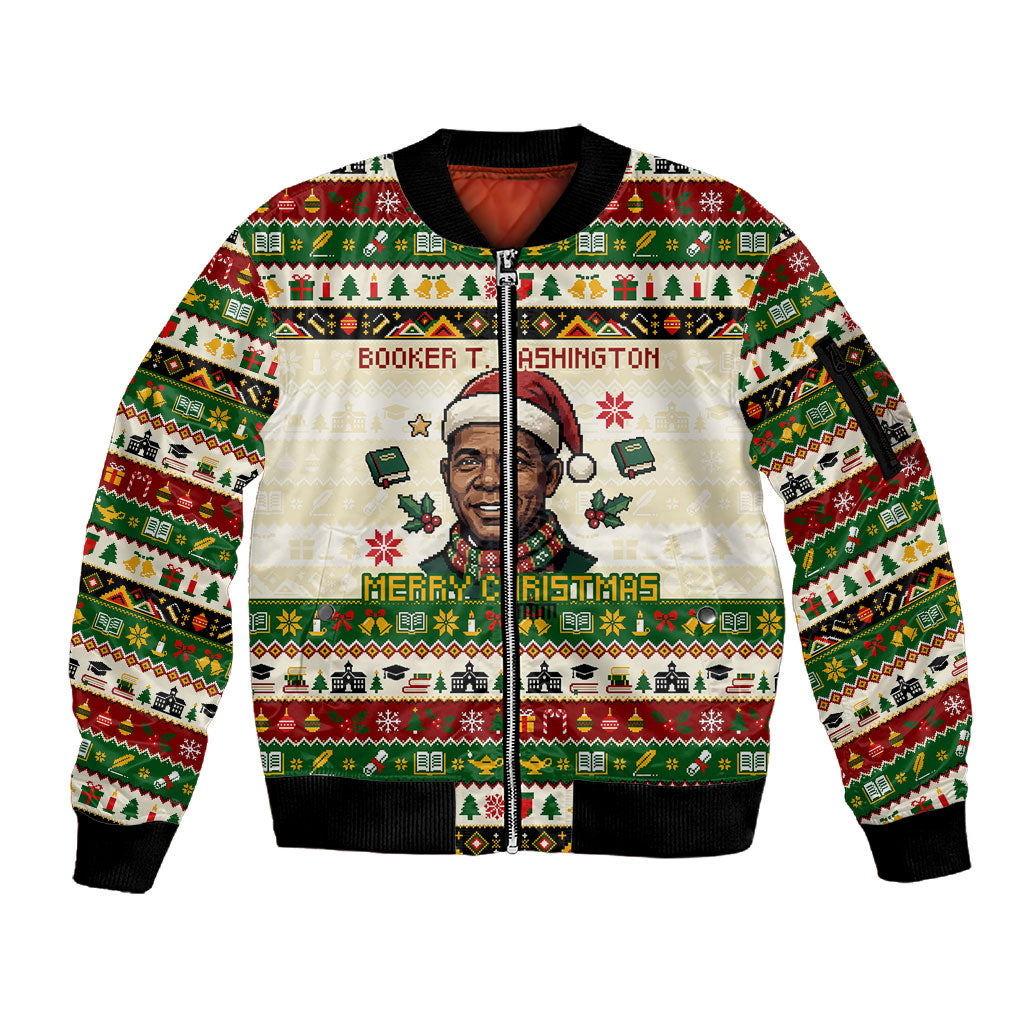 Booker T. Washington Christmas Santa Sleeve Zip Bomber Jacket Black History Ugly Pixel Pattern