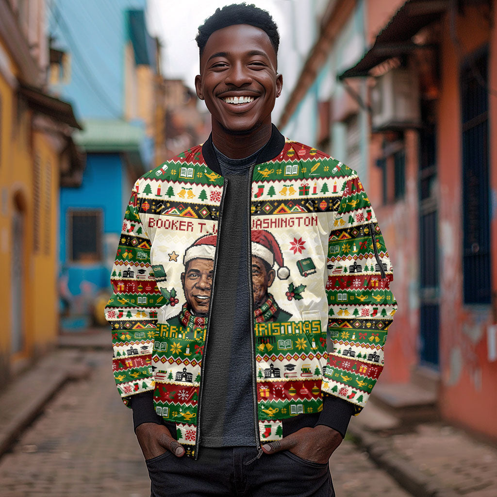 Booker T. Washington Christmas Santa Sleeve Zip Bomber Jacket Black History Ugly Pixel Pattern