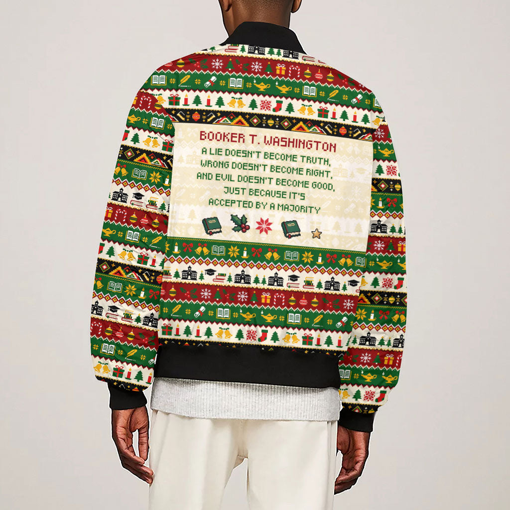 Booker T. Washington Christmas Santa Sleeve Zip Bomber Jacket Black History Ugly Pixel Pattern