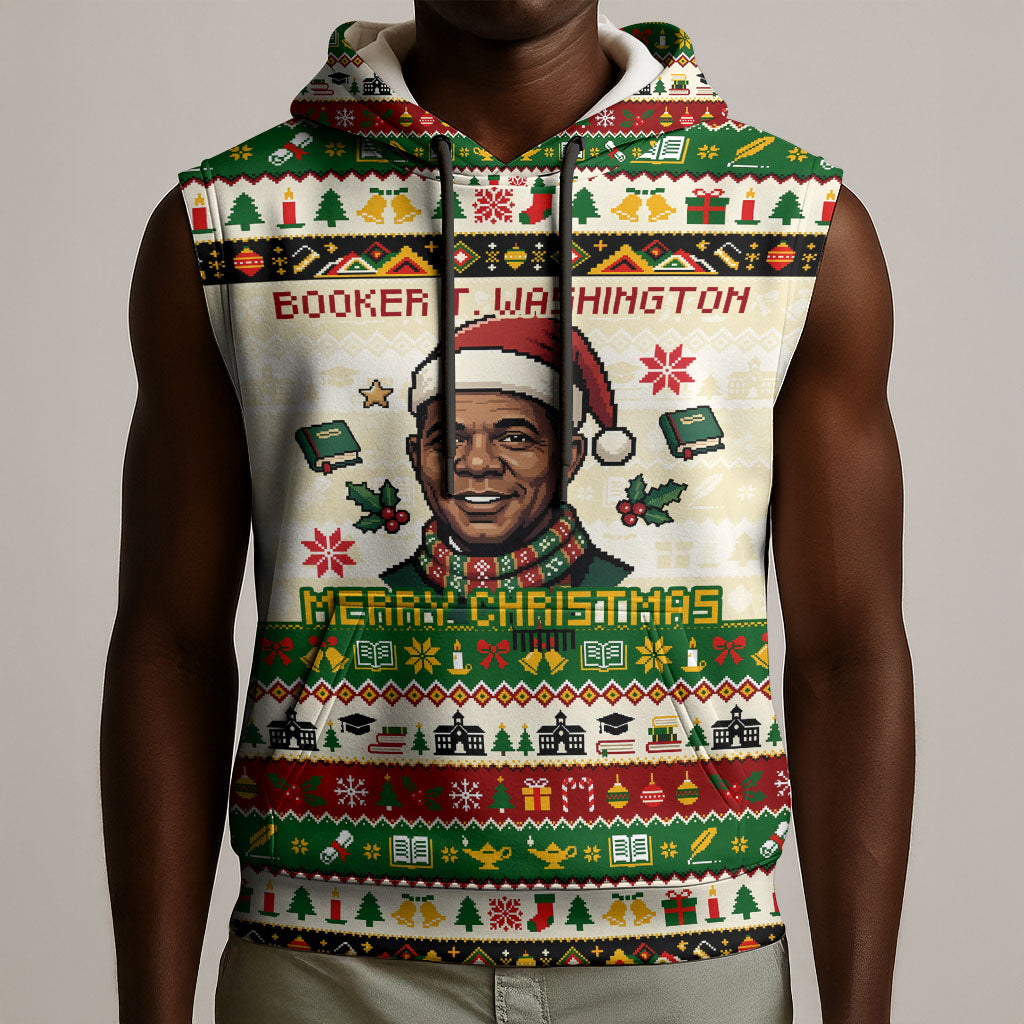 Booker T. Washington Christmas Santa Sleeveless Hoodie Black History Ugly Pixel Pattern