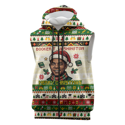 Booker T. Washington Christmas Santa Sleeveless Zip Hoodie Black History Ugly Pixel Pattern