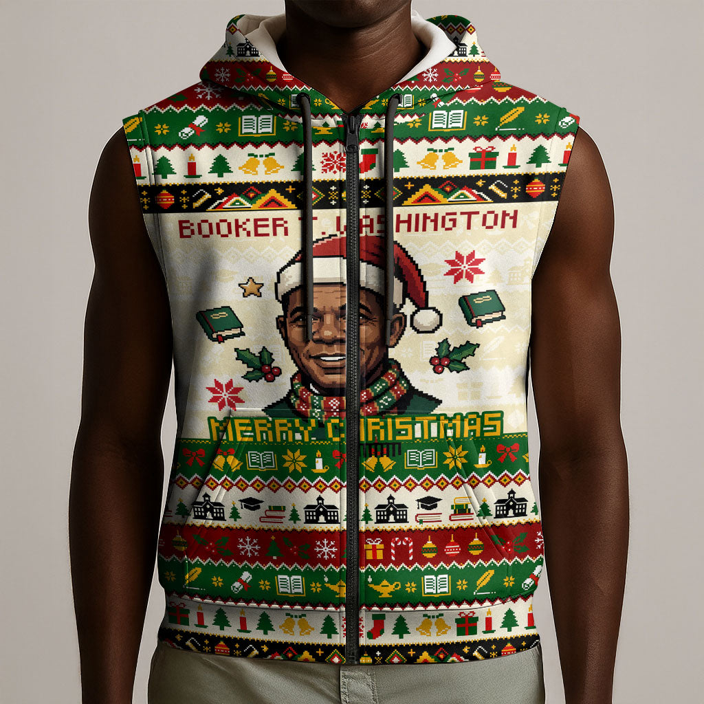 Booker T. Washington Christmas Santa Sleeveless Zip Hoodie Black History Ugly Pixel Pattern