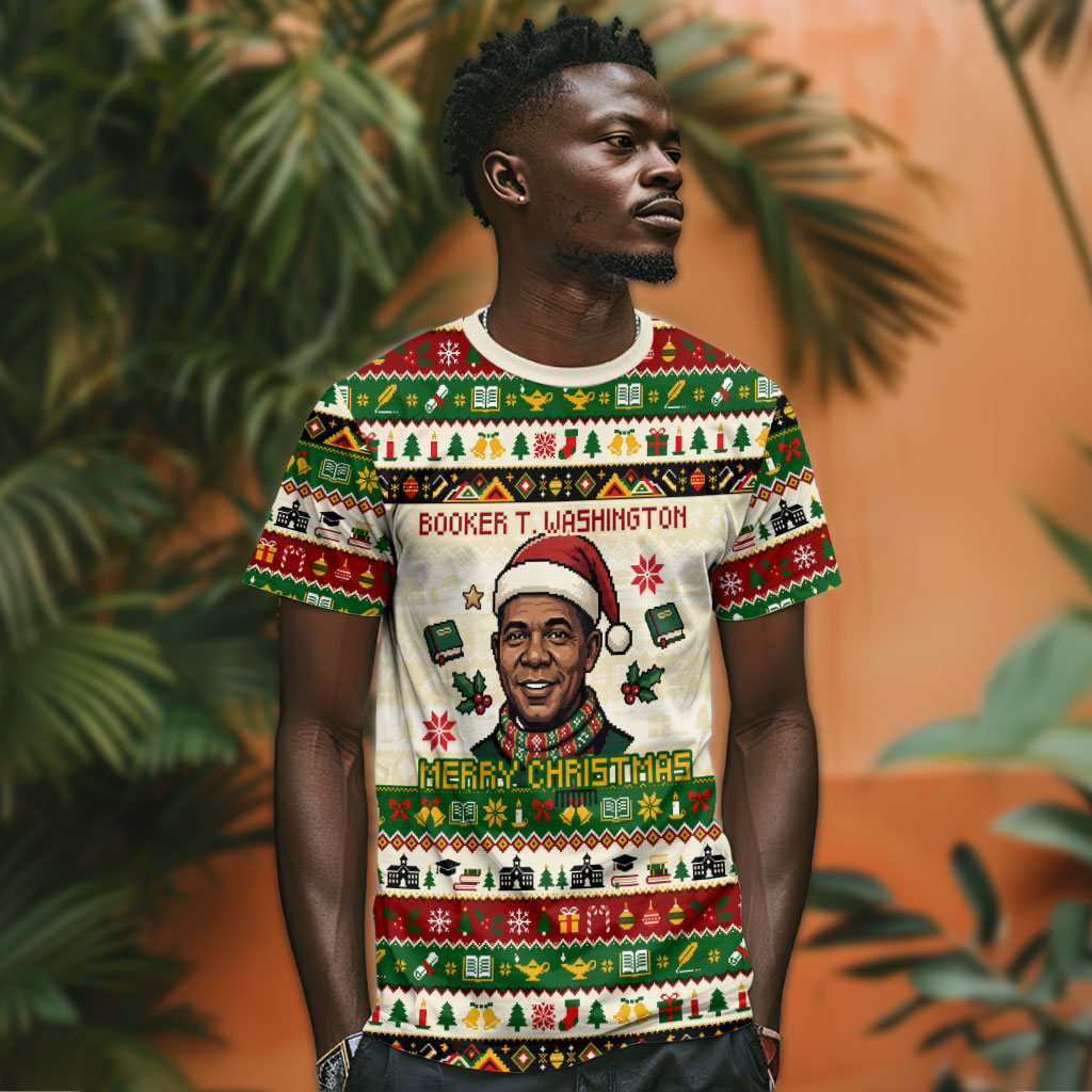 Booker T. Washington Christmas Santa T shirt Black History Ugly Pixel Pattern