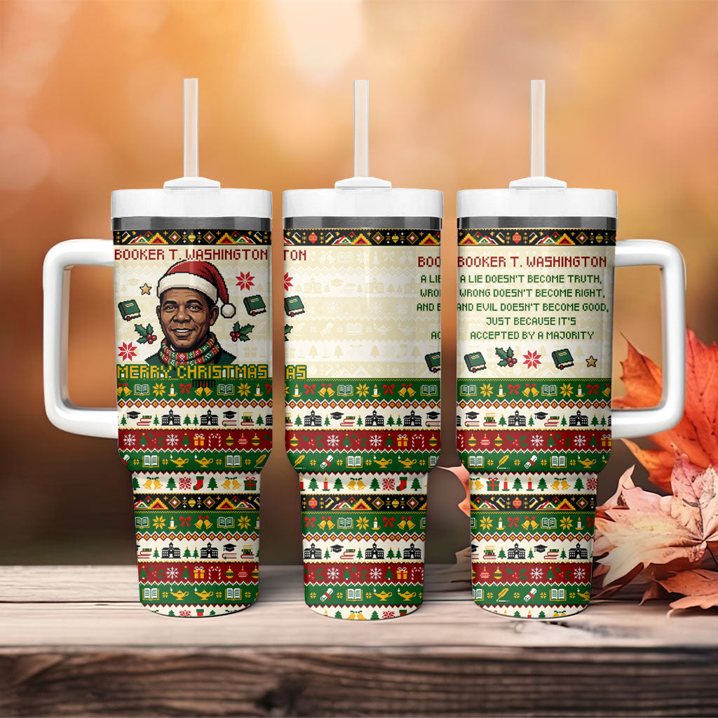 Booker T. Washington Christmas Santa Tumbler With Handle Black History Ugly Pixel Pattern